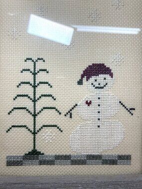 Framed Cross-Stitch Snowman With Tree Winter Scene Rustic Wood Frame Home Decor